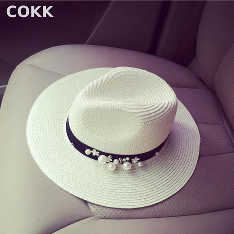 COKK  Spring Summer Hats For Women Flower Beads Wide Brimmed Jazz Panama Hat Chapeu Feminino Sun Visor Beach Hat Cappello - Fab Getup Shop